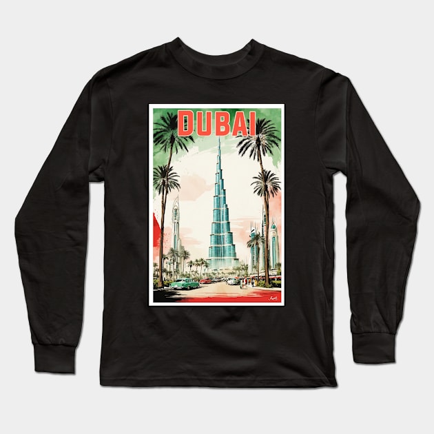 Dubai United Arab Emirates Vintage Travel Tourism Watercolor Long Sleeve T-Shirt by TravelersGems